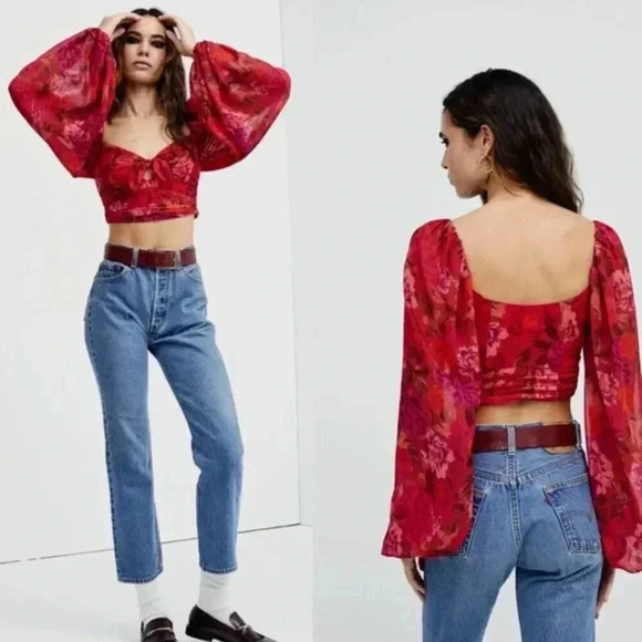 For Love & Lemons Trisha Pink Red Floral Blouson Puff Sleeve Crop Top Size Small - Picture 4 of 9
